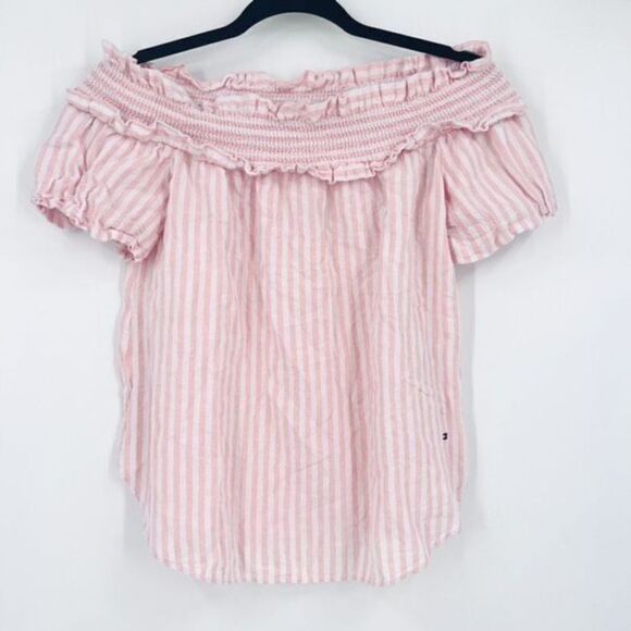 Tommy Hilfiger Pink White Striped Linen Blend Off Shoulder Ruffle Trim Top XS - Picture 1 of 8